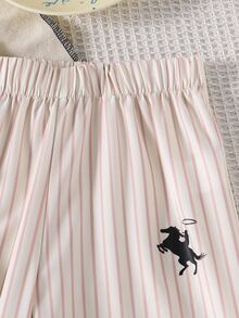 Genkimix Kids 2pcs Toddler Girl T-Shirt + Straight Leg Pants Preppy Cream Pink Horse Striped Short Sleeve Round Neck Thin Birthday Summer Jogging Ballet Elastic - Yellow - View 8