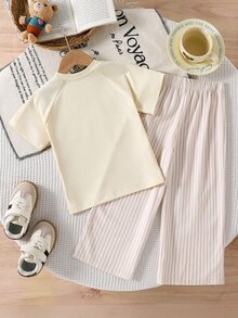 Genkimix Kids 2pcs Toddler Girl T-Shirt + Straight Leg Pants Preppy Cream Pink Horse Striped Short Sleeve Round Neck Thin Birthday Summer Jogging Ballet Elastic - Yellow - View 2