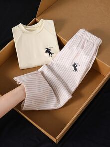 Genkimix Kids 2pcs Toddler Girl T-Shirt + Straight Leg Pants Preppy Cream Pink Horse Striped Short Sleeve Round Neck Thin Birthday Summer Jogging Ballet Elastic - Yellow - View 1