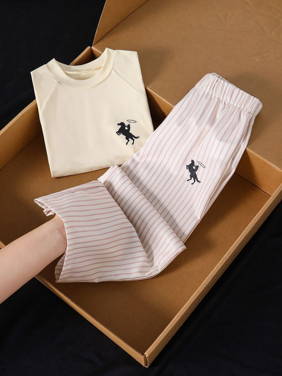 Genkimix Kids 2pcs Toddler Girl T-Shirt + Straight Leg Pants Preppy Cream Pink Horse Striped Short Sleeve Round Neck Thin Birthday Summer Jogging Ballet Elastic - Yellow - View 1