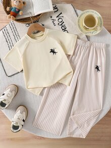 Genkimix Kids 2pcs Toddler Girl T-Shirt + Straight Leg Pants Preppy Cream Pink Horse Striped Short Sleeve Round Neck Thin Birthday Summer Jogging Ballet Elastic - Yellow - View 4