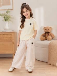 Genkimix Kids 2pcs Toddler Girl T-Shirt + Straight Leg Pants Preppy Cream Pink Horse Striped Short Sleeve Round Neck Thin Birthday Summer Jogging Ballet Elastic - Yellow - View 3