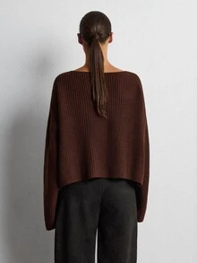 Lumivelle Chocolate Brown Deep V-Neck Relaxed Drop-Shoulder Chunky Rib Knit Sweater With Slouchy Silhouette And Soft Draped Finish - Brown - View 10