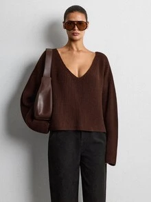 Lumivelle Chocolate Brown Deep V-Neck Relaxed Drop-Shoulder Chunky Rib Knit Sweater With Slouchy Silhouette And Soft Draped Finish - Brown - View 3