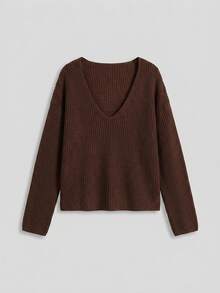 Lumivelle Chocolate Brown Deep V-Neck Relaxed Drop-Shoulder Chunky Rib Knit Sweater With Slouchy Silhouette And Soft Draped Finish - Brown - View 4