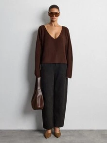 Lumivelle Chocolate Brown Deep V-Neck Relaxed Drop-Shoulder Chunky Rib Knit Sweater With Slouchy Silhouette And Soft Draped Finish - Brown - View 8
