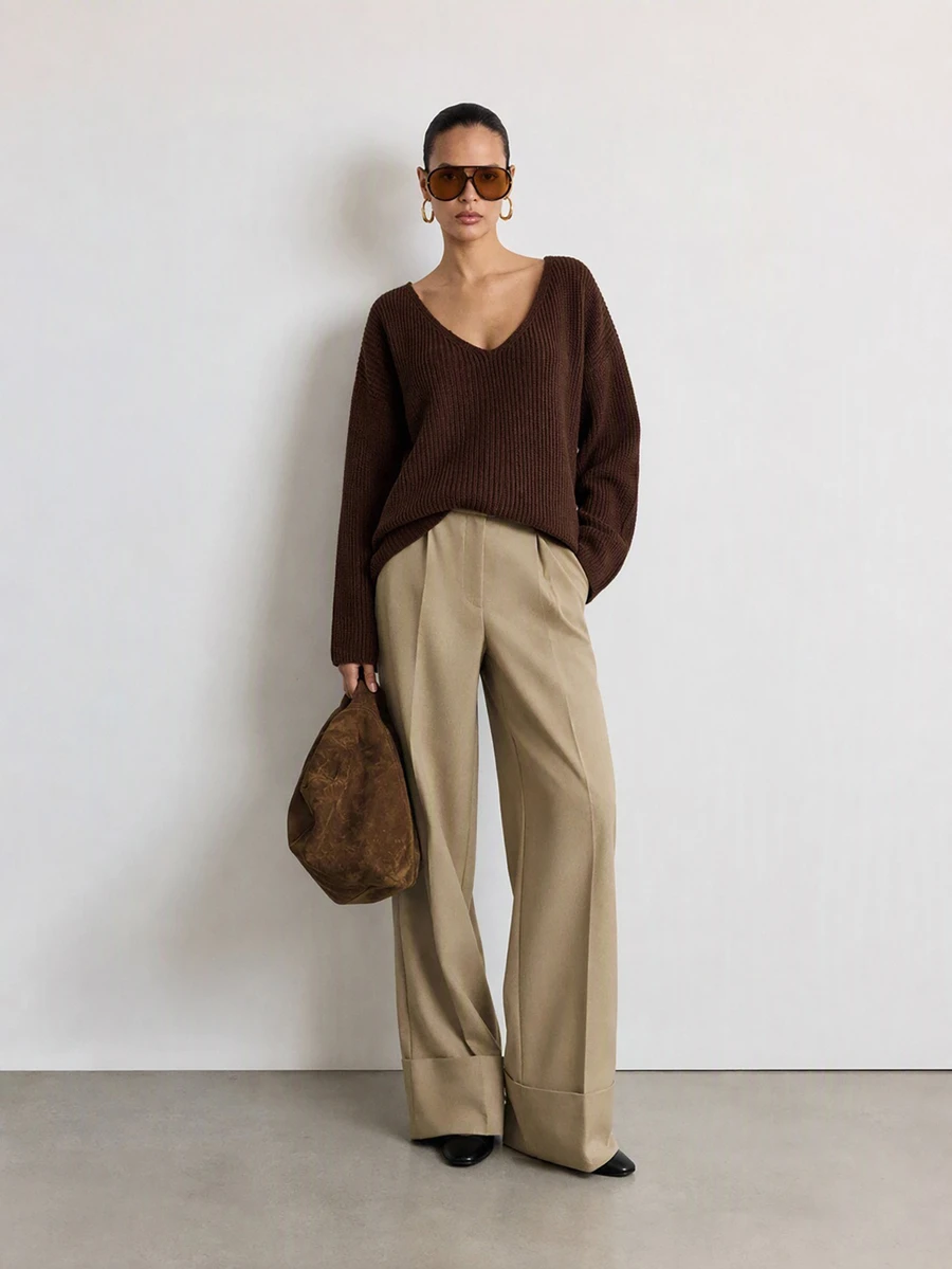 Lumivelle Chocolate Brown Deep V-Neck Relaxed Drop-Shoulder Chunky Rib Knit Sweater With Slouchy Silhouette And Soft Draped Finish