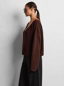 Lumivelle Chocolate Brown Deep V-Neck Relaxed Drop-Shoulder Chunky Rib Knit Sweater With Slouchy Silhouette And Soft Draped Finish - Brown - View 7