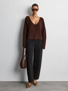 Lumivelle Chocolate Brown Deep V-Neck Relaxed Drop-Shoulder Chunky Rib Knit Sweater With Slouchy Silhouette And Soft Draped Finish - Brown - View 9