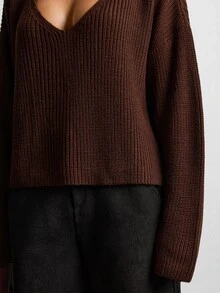 Lumivelle Chocolate Brown Deep V-Neck Relaxed Drop-Shoulder Chunky Rib Knit Sweater With Slouchy Silhouette And Soft Draped Finish - Brown - View 11