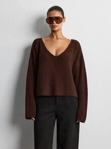 Lumivelle Chocolate Brown Deep V-Neck Relaxed Drop-Shoulder Chunky Rib Knit Sweater With Slouchy Silhouette And Soft Draped Finish - Brown - View 6