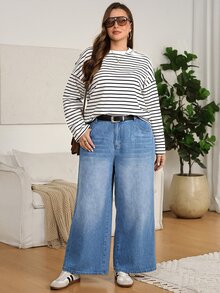 SHEIN CURVE+ 大尺碼女款休閒日常牛仔褲，附口袋與鈕扣，適合女性教師穿著 - 藍色 - 查看 6