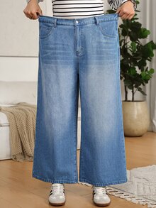 SHEIN CURVE+ 大尺碼女款休閒日常牛仔褲，附口袋與鈕扣，適合女性教師穿著 - 藍色 - 查看 7