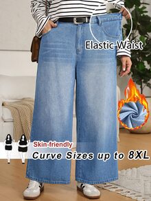SHEIN CURVE+ 大尺碼女款休閒日常牛仔褲，附口袋與鈕扣，適合女性教師穿著 - 藍色 - 查看 2