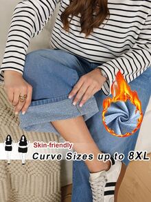 SHEIN CURVE+ 大尺碼女款休閒日常牛仔褲，附口袋與鈕扣，適合女性教師穿著 - 藍色 - 查看 8