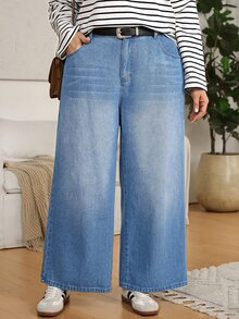 SHEIN CURVE+ 大尺碼女款休閒日常牛仔褲，附口袋與鈕扣，適合女性教師穿著 - 藍色 - 查看 4
