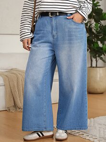 SHEIN CURVE+ 大尺碼女款休閒日常牛仔褲，附口袋與鈕扣，適合女性教師穿著 - 藍色 - 查看 5