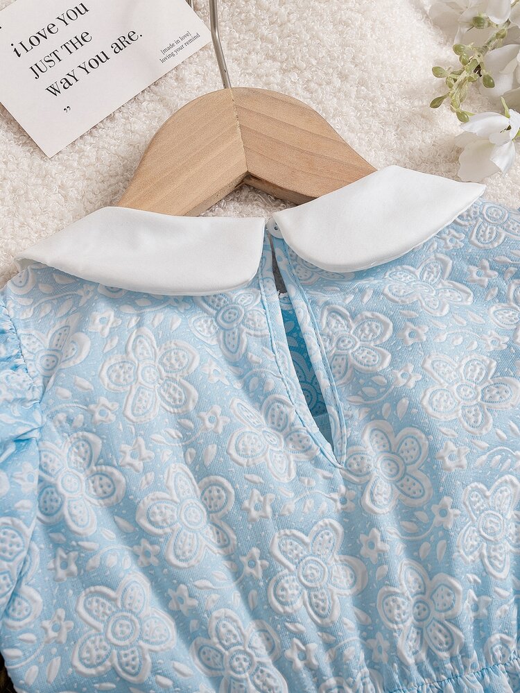 SHEIN Baby Girl Blue Floral Print Ruched Dress, White Peter Pan Collar Petal Sleeve A-Line Princess Dress, Cute Fashionable Daily Party Popular Style, Autumn/Winter - Blue - View 6