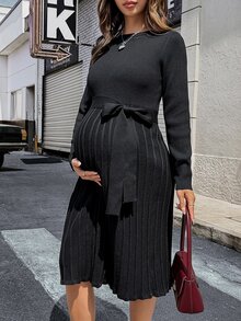 Lyckli Gaun Rajut Elegan untuk Ibu Hamil dengan Leher Bulat, Lengan Panjang, dan Ikat Pinggang. - Hitam - View 3