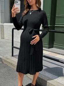 Lyckli Gaun Rajut Elegan untuk Ibu Hamil dengan Leher Bulat, Lengan Panjang, dan Ikat Pinggang. - Hitam - View 6