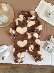 SHEIN Baby Girl Heart Jacquard Hooded Zip-Up Thick One-Piece Long Autumn Pants Suitable For Winter - Coffee Brown - View 9