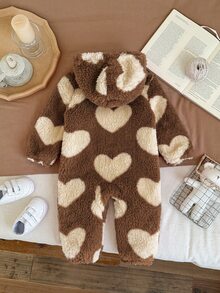 SHEIN Baby Girl Heart Jacquard Hooded Zip-Up Thick One-Piece Long Autumn Pants Suitable For Winter - Coffee Brown - View 2