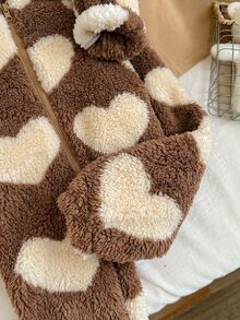 SHEIN Baby Girl Heart Jacquard Hooded Zip-Up Thick One-Piece Long Autumn Pants Suitable For Winter - Coffee Brown - View 7