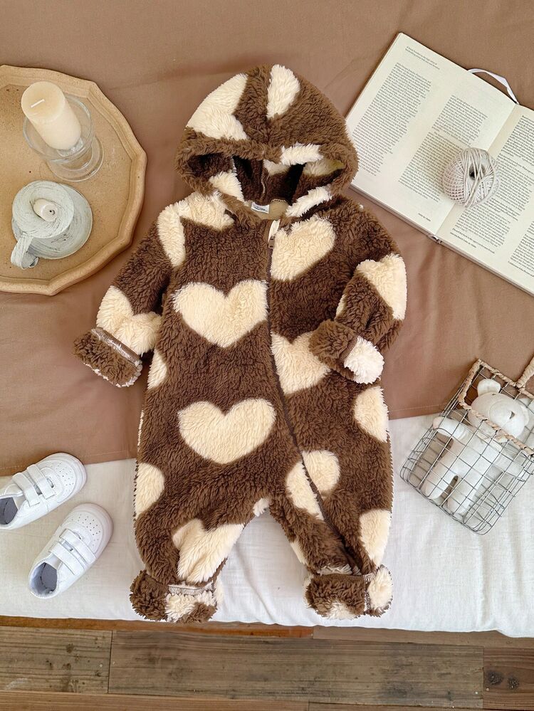 SHEIN Baby Girl Heart Jacquard Hooded Zip-Up Thick One-Piece Long Autumn Pants Suitable For Winter - Coffee Brown - View 4