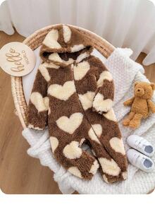 SHEIN Baby Girl Heart Jacquard Hooded Zip-Up Thick One-Piece Long Autumn Pants Suitable For Winter - Coffee Brown - View 3