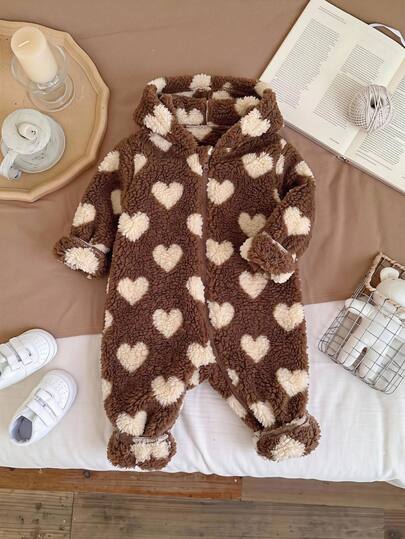 SHEIN Baby Girl Heart Jacquard Hooded Zip-Up Thick One-Piece Long Autumn Pants Suitable For Winter