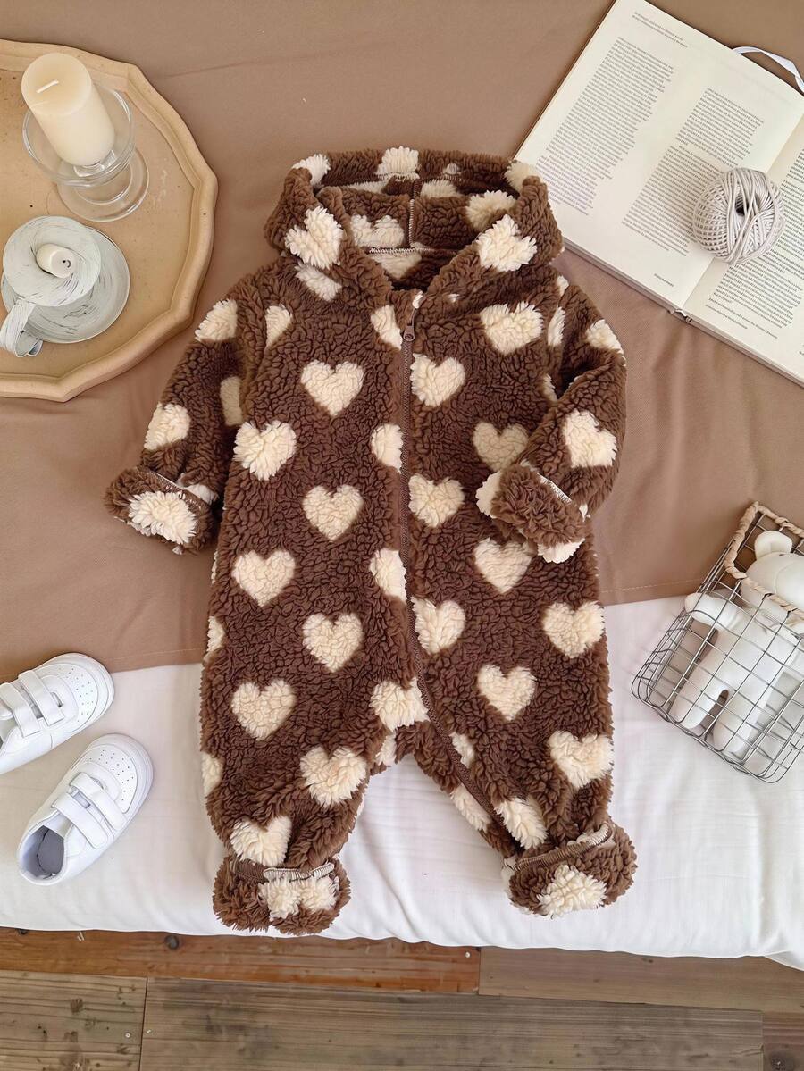 SHEIN Baby Girl Heart Jacquard Hooded Zip-Up Thick One-Piece Long Autumn Pants Suitable For Winter - Coffee Brown - View 1