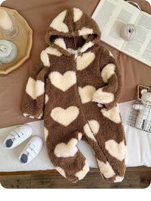 SHEIN Baby Girl Heart Jacquard Hooded Zip-Up Thick One-Piece Long Autumn Pants Suitable For Winter - Coffee Brown - View 8