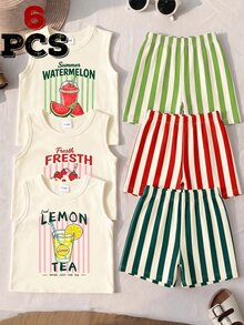 SHEIN Conjunto de 6 piezas para bebé niño, atuendo de verano con top sin mangas y pantalones cortos, estampado de limón, sandía, fresa, bebida, letras y rayas, estilo casual para escapada urbana y actividades al aire libre - Multicolor - Ver 2