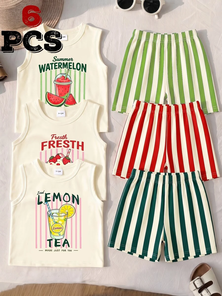 SHEIN Conjunto de 6 piezas para bebé niño, atuendo de verano con top sin mangas y pantalones cortos, estampado de limón, sandía, fresa, bebida, letras y rayas, estilo casual para escapada urbana y actividades al aire libre