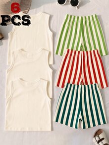 SHEIN Conjunto de 6 piezas para bebé niño, atuendo de verano con top sin mangas y pantalones cortos, estampado de limón, sandía, fresa, bebida, letras y rayas, estilo casual para escapada urbana y actividades al aire libre - Multicolor - Ver 3