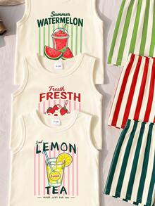 SHEIN Conjunto de 6 piezas para bebé niño, atuendo de verano con top sin mangas y pantalones cortos, estampado de limón, sandía, fresa, bebida, letras y rayas, estilo casual para escapada urbana y actividades al aire libre - Multicolor - Ver 4