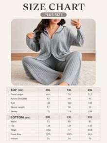 SHEIN PLUS SIZE Rib Knitted 100%Cotton Shirt Style Buttoned Striped Dark Blue 2 Pieces Pajama Set - Grey - View 7
