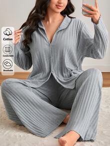 SHEIN PLUS SIZE Rib Knitted 100%Cotton Shirt Style Buttoned Striped Dark Blue 2 Pieces Pajama Set - Grey - View 1