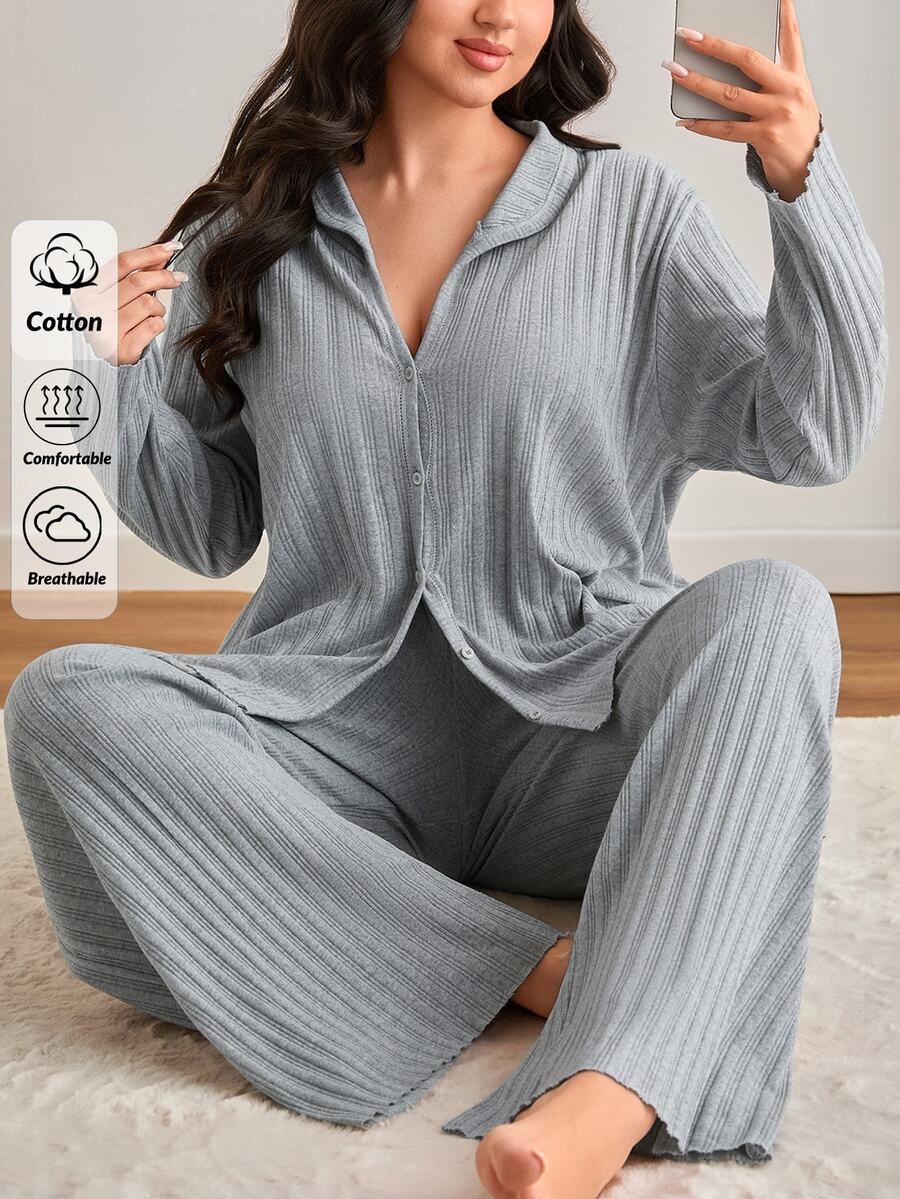 SHEIN PLUS SIZE Rib Knitted 100%Cotton Shirt Style Buttoned Striped Dark Blue 2 Pieces Pajama Set - Grey - View 1