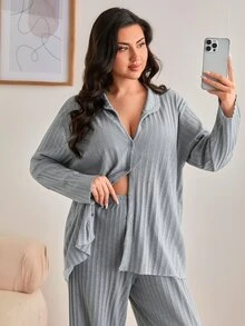 SHEIN PLUS SIZE Rib Knitted 100%Cotton Shirt Style Buttoned Striped Dark Blue 2 Pieces Pajama Set - Grey - View 4
