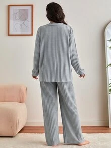 SHEIN PLUS SIZE Rib Knitted 100%Cotton Shirt Style Buttoned Striped Dark Blue 2 Pieces Pajama Set - Grey - View 2