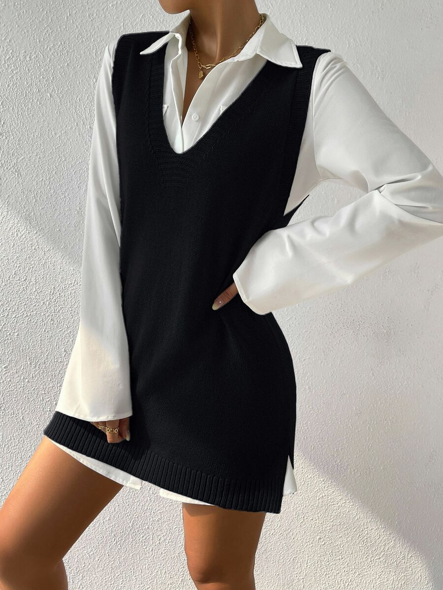 SHEIN سترة صوفية كاجوال بدون أكمام للنساء بمقاسات كبيرة، لون أسود موحد، حافة مقسومة، بدون بلوزة - الأسود - مشاهدة 1