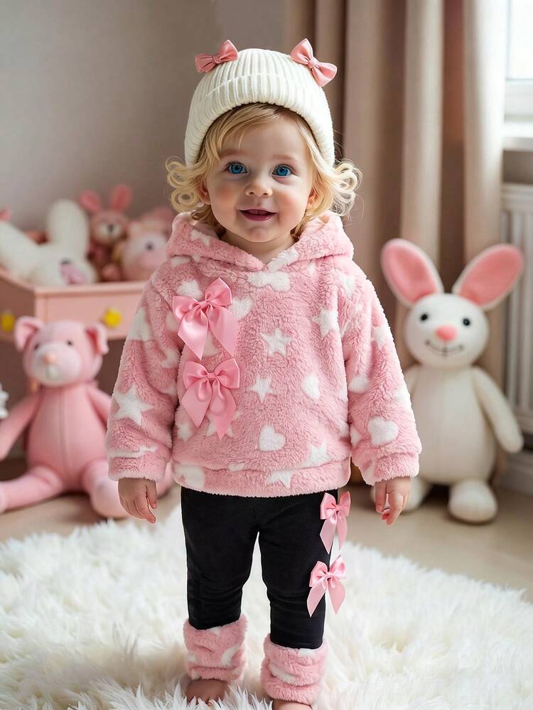 SHEIN Baby Girl Heart & Star Jacquard Fleece Lined Thick Plush Hooded Sweatshirt With Bow Decor & Elastic Leggings Set, Suitable For Winter - Pink - View 6