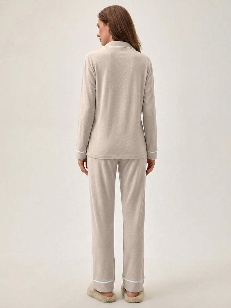 SHEIN Plus Size Classic Button Front Pajama Set – Soft Long Sleeve Top & Comfy Straight Leg Pants Loungewear - Beige - View 2