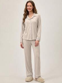 SHEIN Plus Size Classic Button Front Pajama Set – Soft Long Sleeve Top & Comfy Straight Leg Pants Loungewear - Beige - View 5