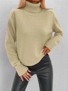 Cloudara Solid Turtleneck Sweater - Camel - View 4