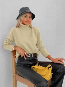 Cloudara Solid Turtleneck Sweater - Camel - View 6
