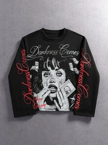 ROMWE MEN Men's Dark Gothic Print Loose Long Sleeve T-Shirt - Black - View 5