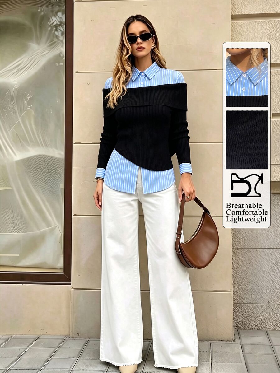 Selenza Women's Fashionable New Spring/Autumn Romantic Elegant Black Off-Shoulder Striped Patchwork Shirt, 2 In 1 Design, Suitable For Daily Commute, Date, Outing, Vacation And Various Occasions, Fashionable Item - Multicolor - View 1
