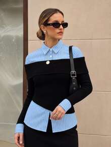 Selenza Women's Fashionable New Spring/Autumn Romantic Elegant Black Off-Shoulder Striped Patchwork Shirt, 2 In 1 Design, Suitable For Daily Commute, Date, Outing, Vacation And Various Occasions, Fashionable Item - Multicolor - View 5